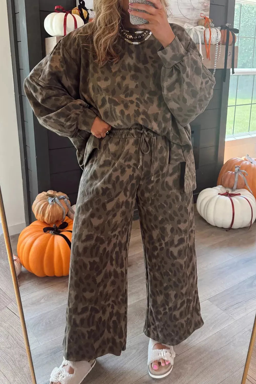 Leopard Print Long Sleeve Top and Pants Set, view 4