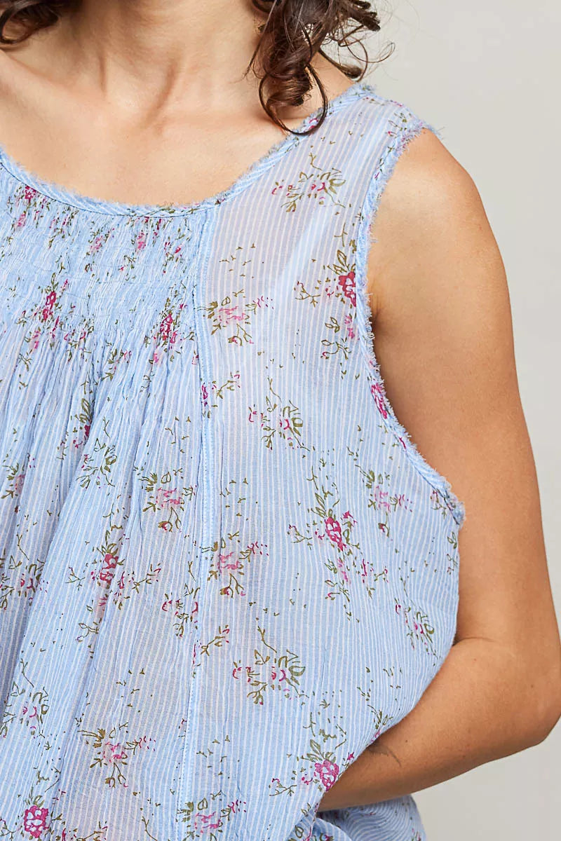 POL Round Neck Sleeveless Floral Pleated Cotton Top - Lilixa.store
