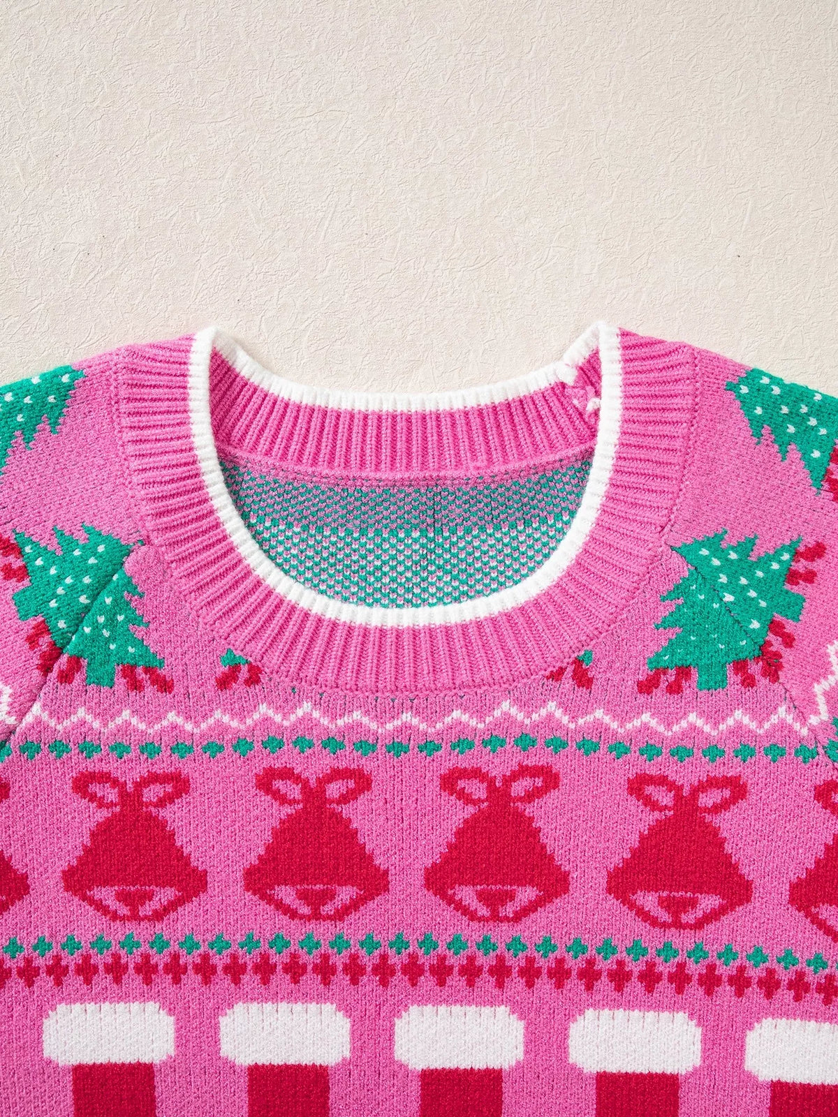 Christmas Holiday Graphic Round Neck Knit Sweater in Fuchsia Pink, view 5