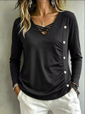 Plus Size Decorative Button Criss-Cross Long Sleeve Top - Lilixa.store