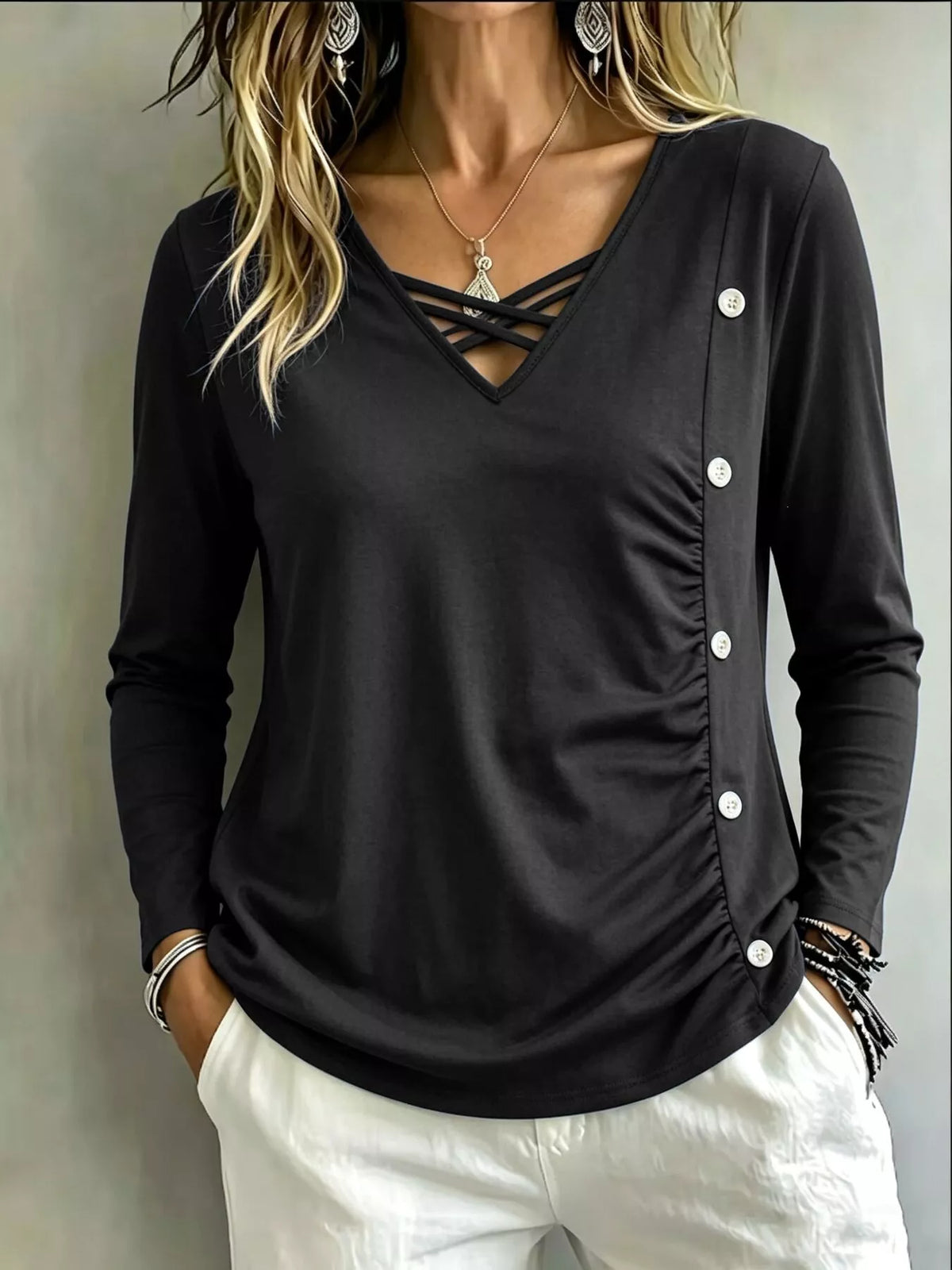 Plus Size Decorative Button Criss-Cross Long Sleeve Top - Lilixa.store