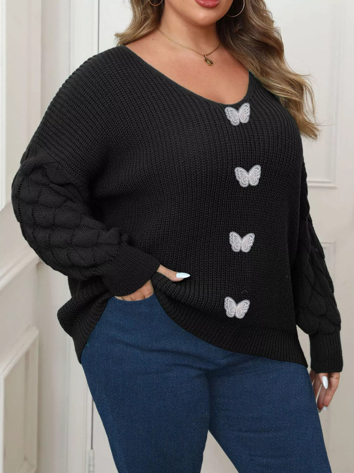 Plus Size Butterfly Dropped Shoulder Sweater - Lilixa.store