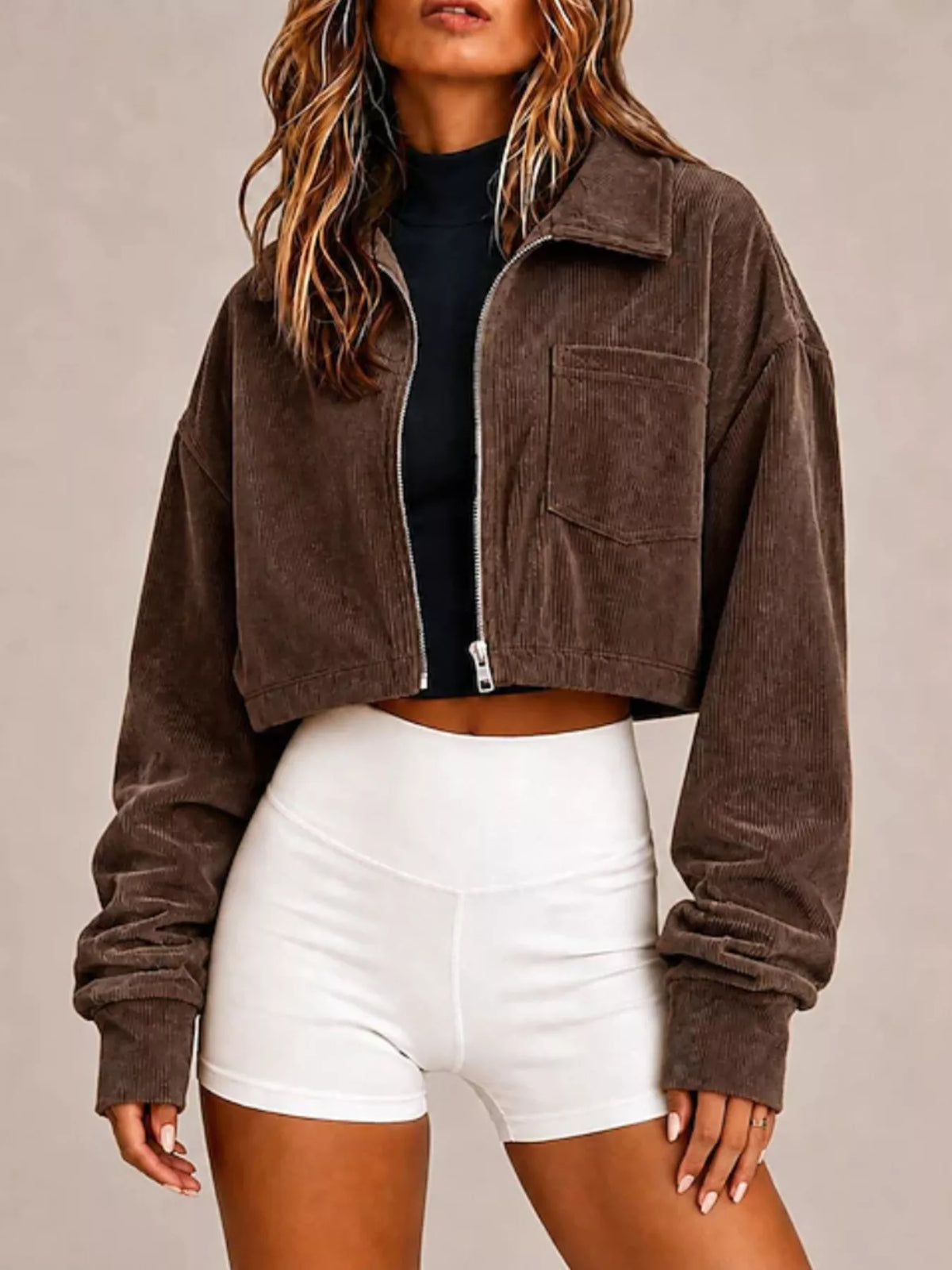 Corduroy Zip Up Cropped Jacket