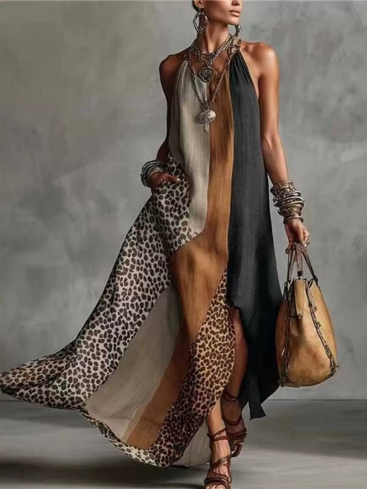 Color-Block Leopard Print Sleeveless Maxi Dress