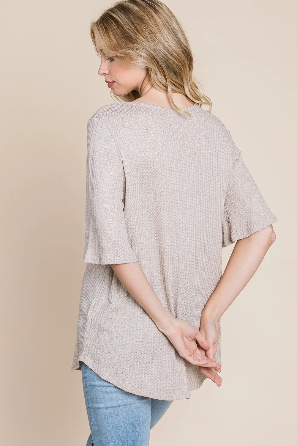 BOMBOM Round Neck Waffle Knit T-Shirt - Lilixa.store