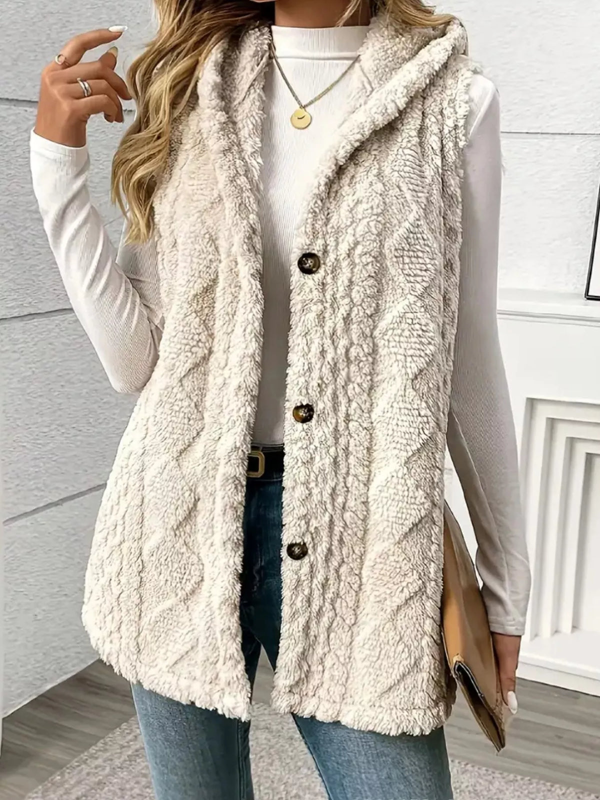 Hooded Button-Up Sherpa Vest Coat - Lilixa.store