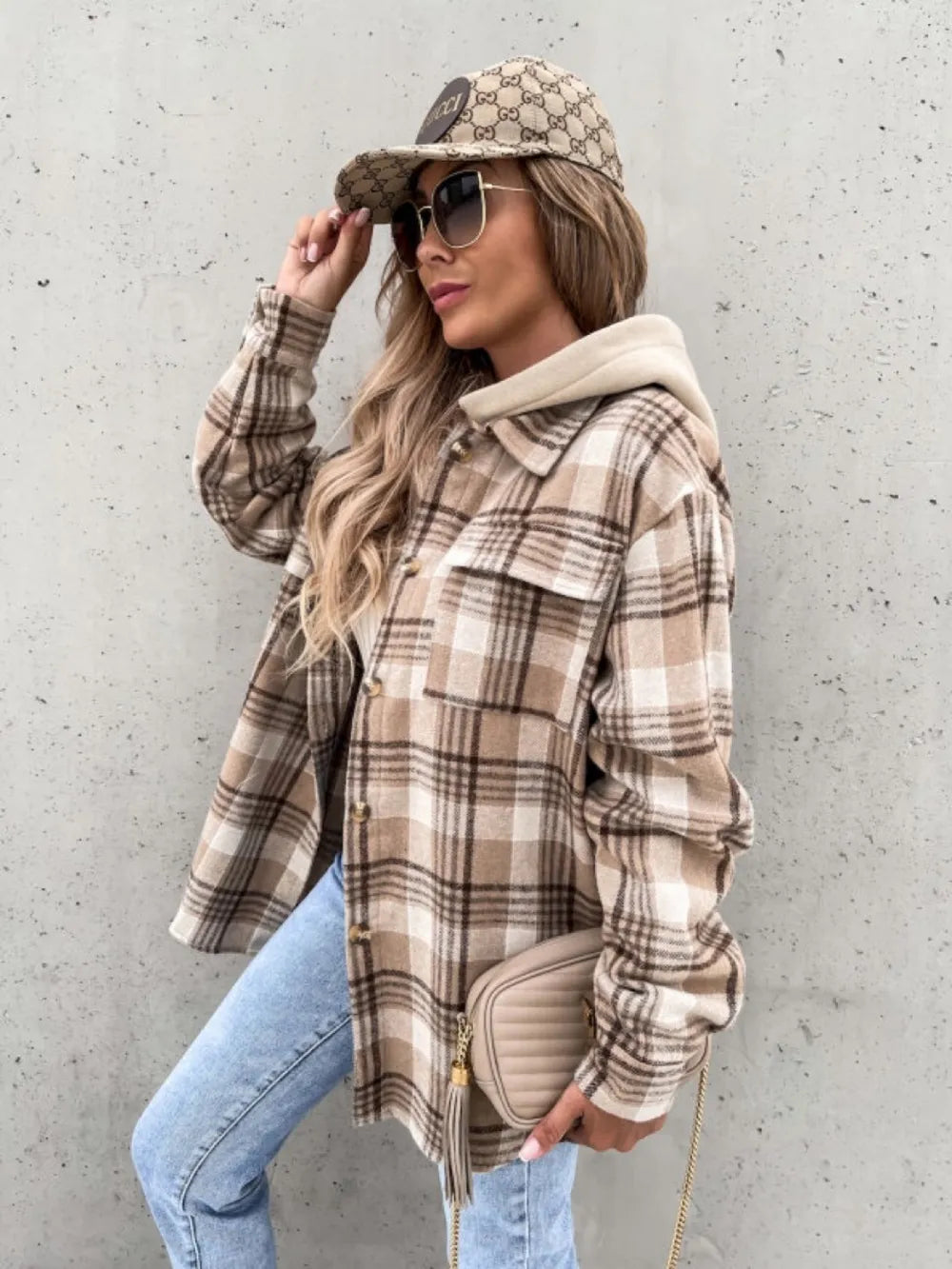 Plaid Dropped Shoulder Hooded Jacket, view 2