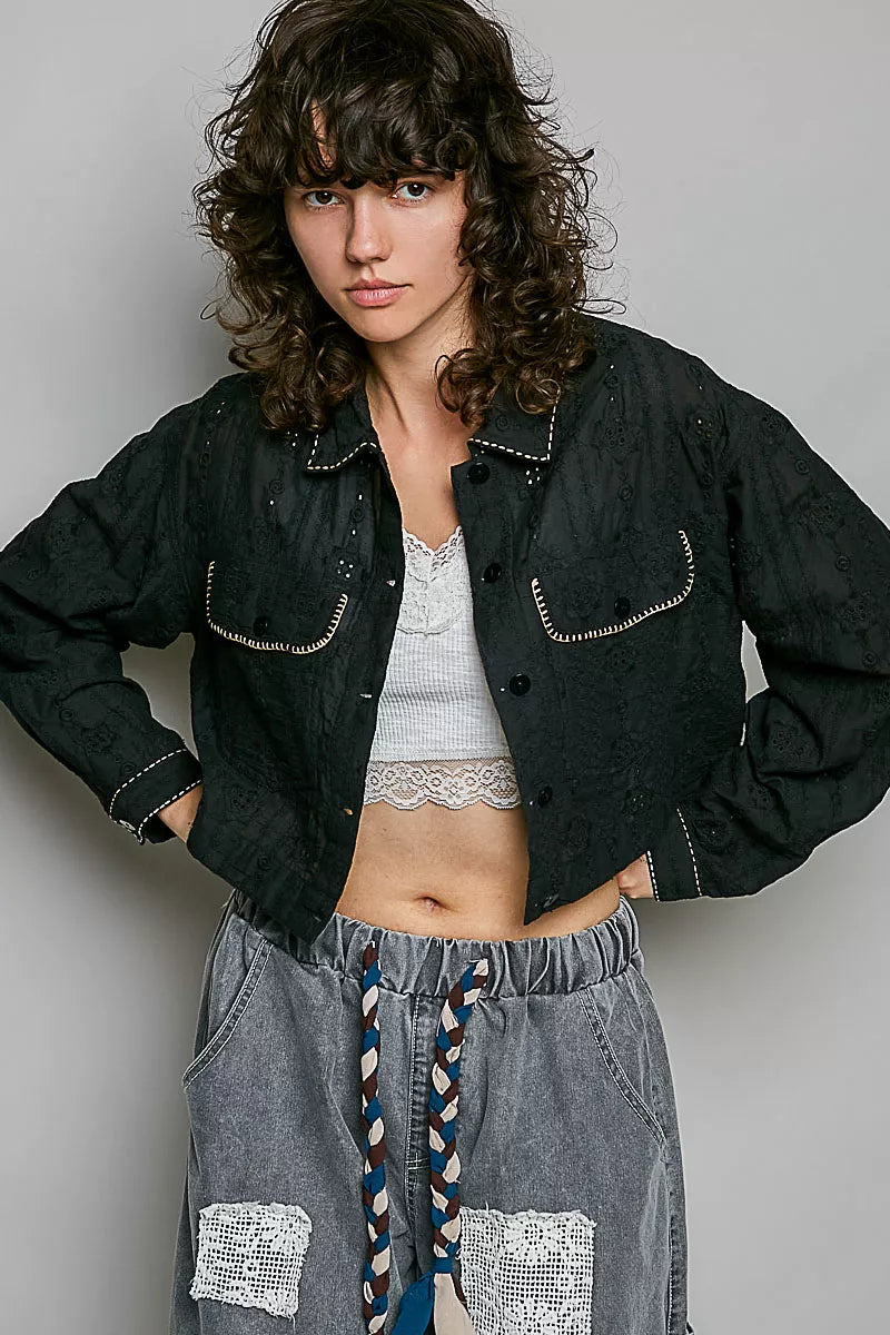 POL Cropped Button-Front Eyelet Cotton Jacket in Black