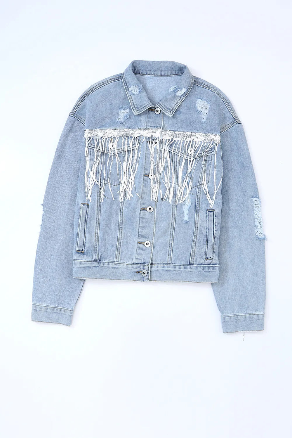 Sequin Fringe Trim Distressed Button Up Denim Jacket, view 5