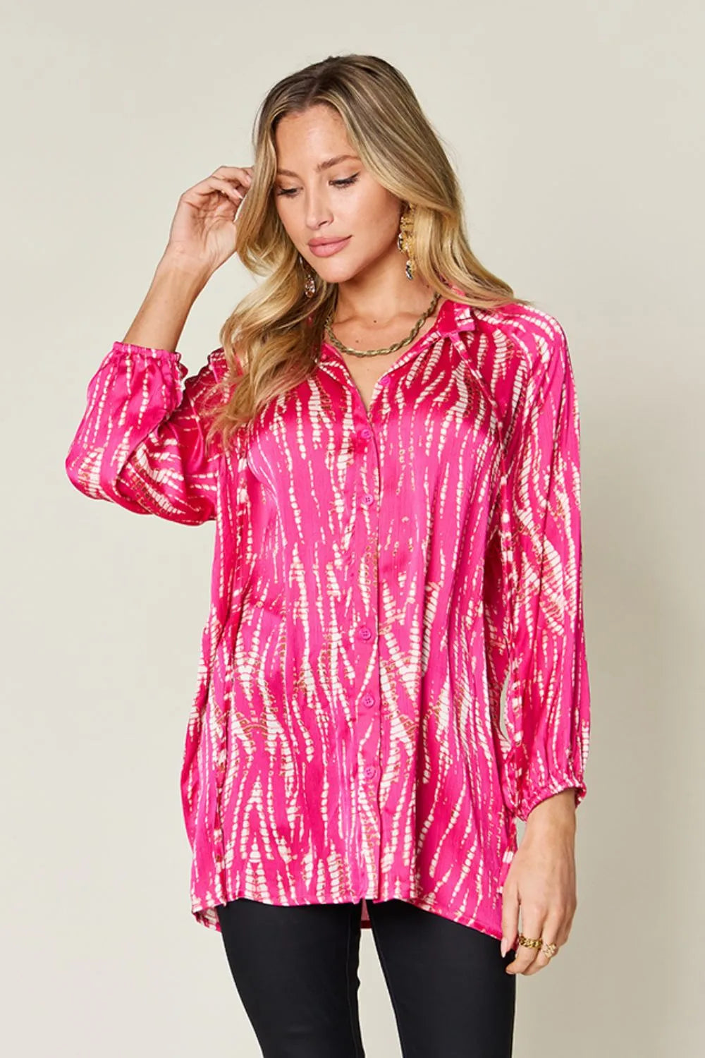 Double Take Full Size Printed Button Up Long Sleeve Shirt - Lilixa.store