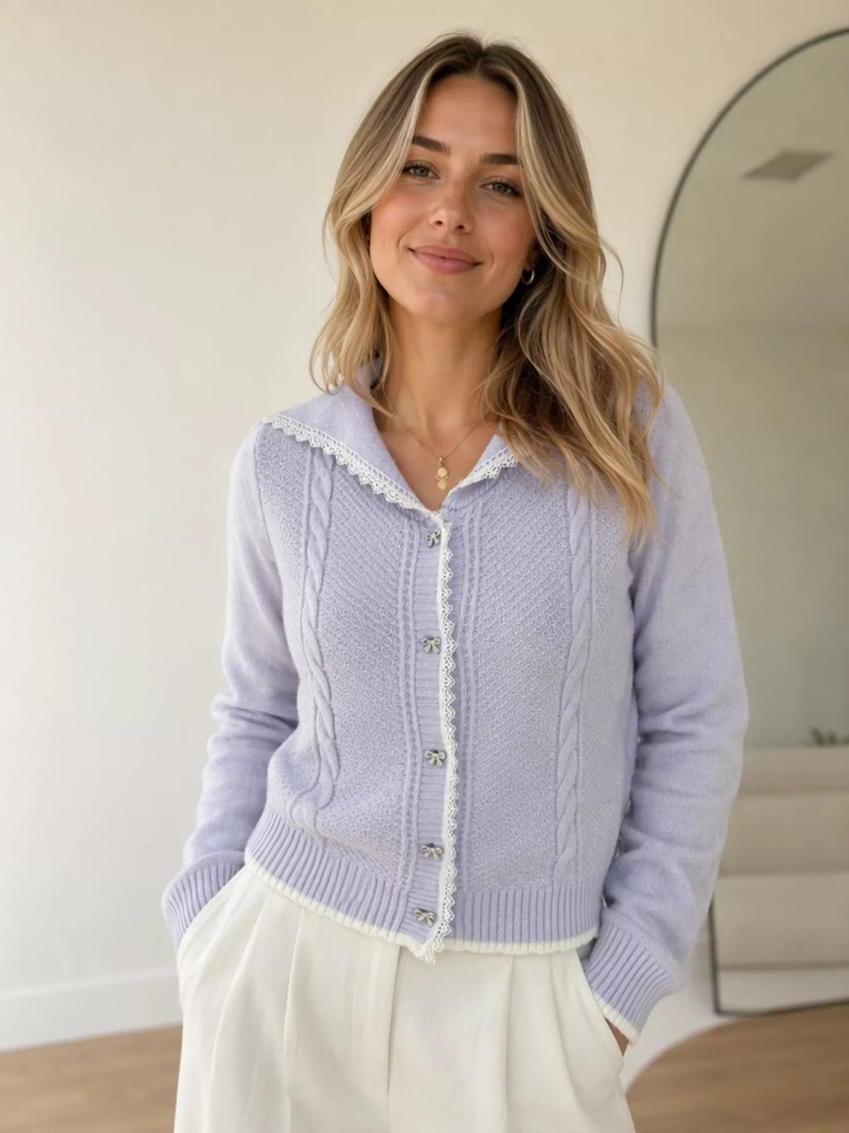 Cable-Knit Cardigan with Lace Trim in Purple