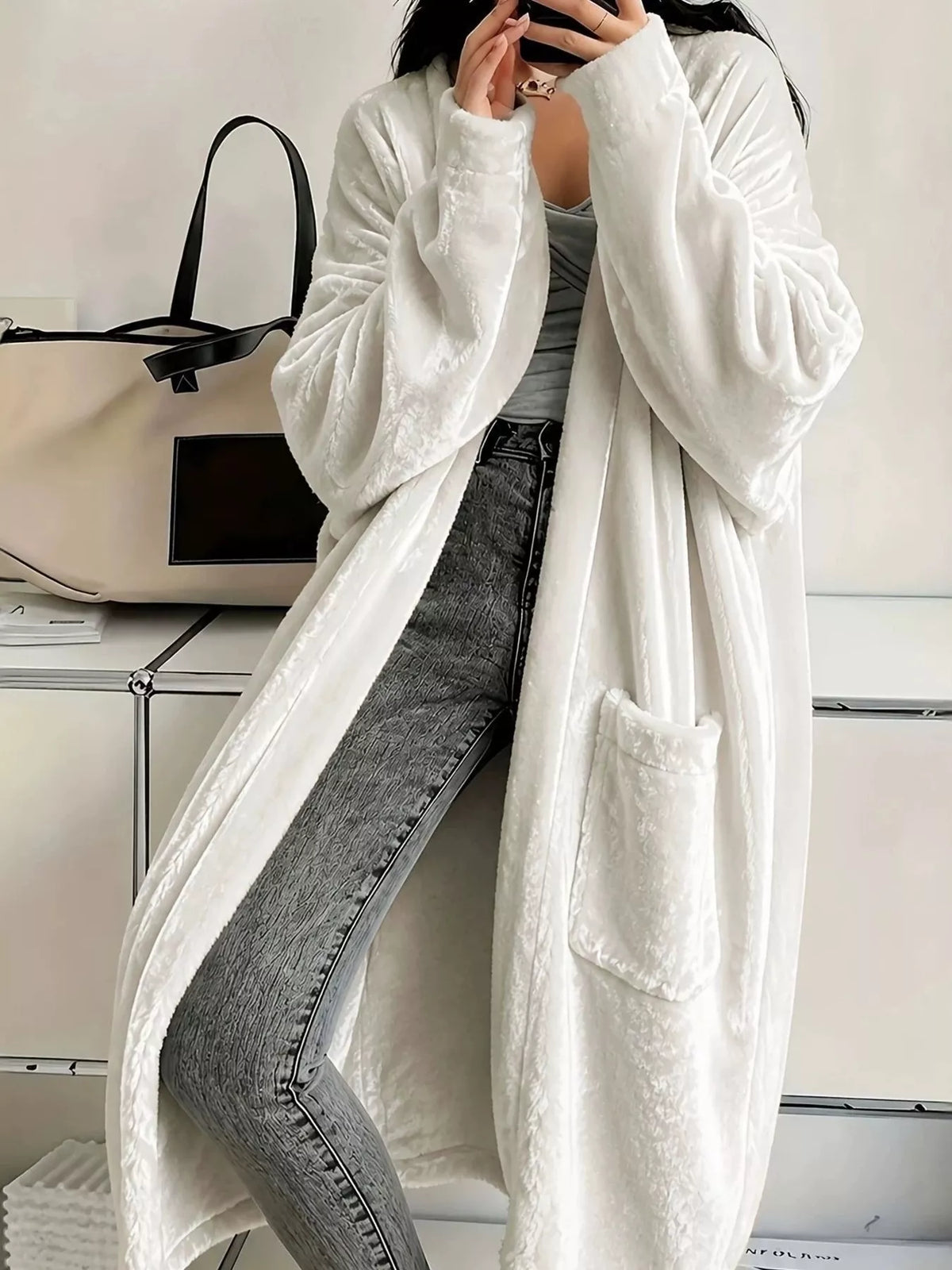 Full Size Velvet Open-Front Longline Outerwear Plus Size - Lilixa.store