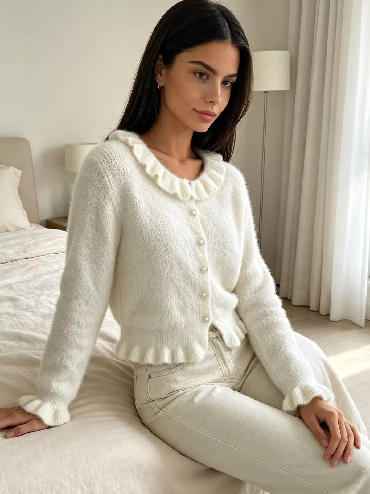 Soft Fuzzy Cardigan with Ruffled Collar and Pearl Buttons, view 5