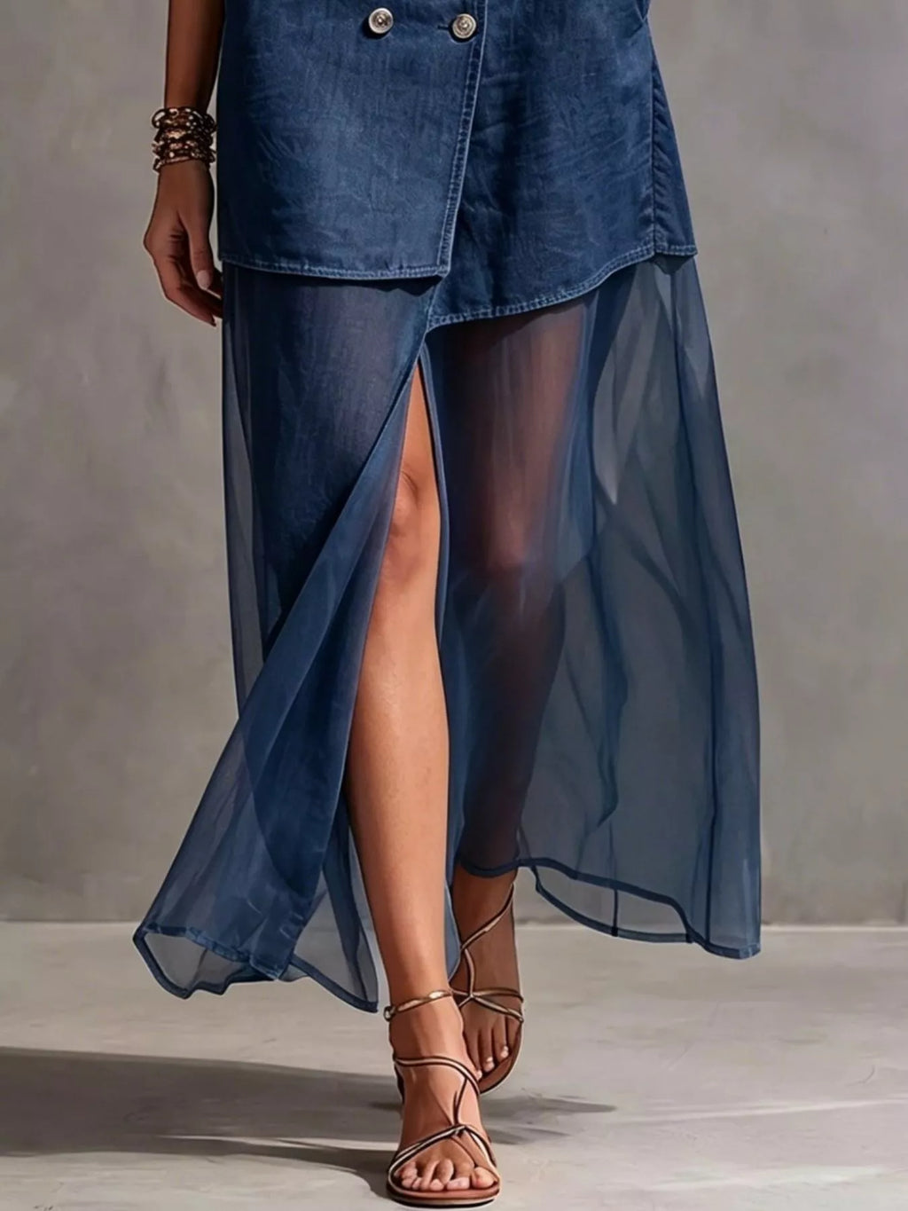 Sleeveless Double-Breasted Denim Maxi Dress - Lilixa.store