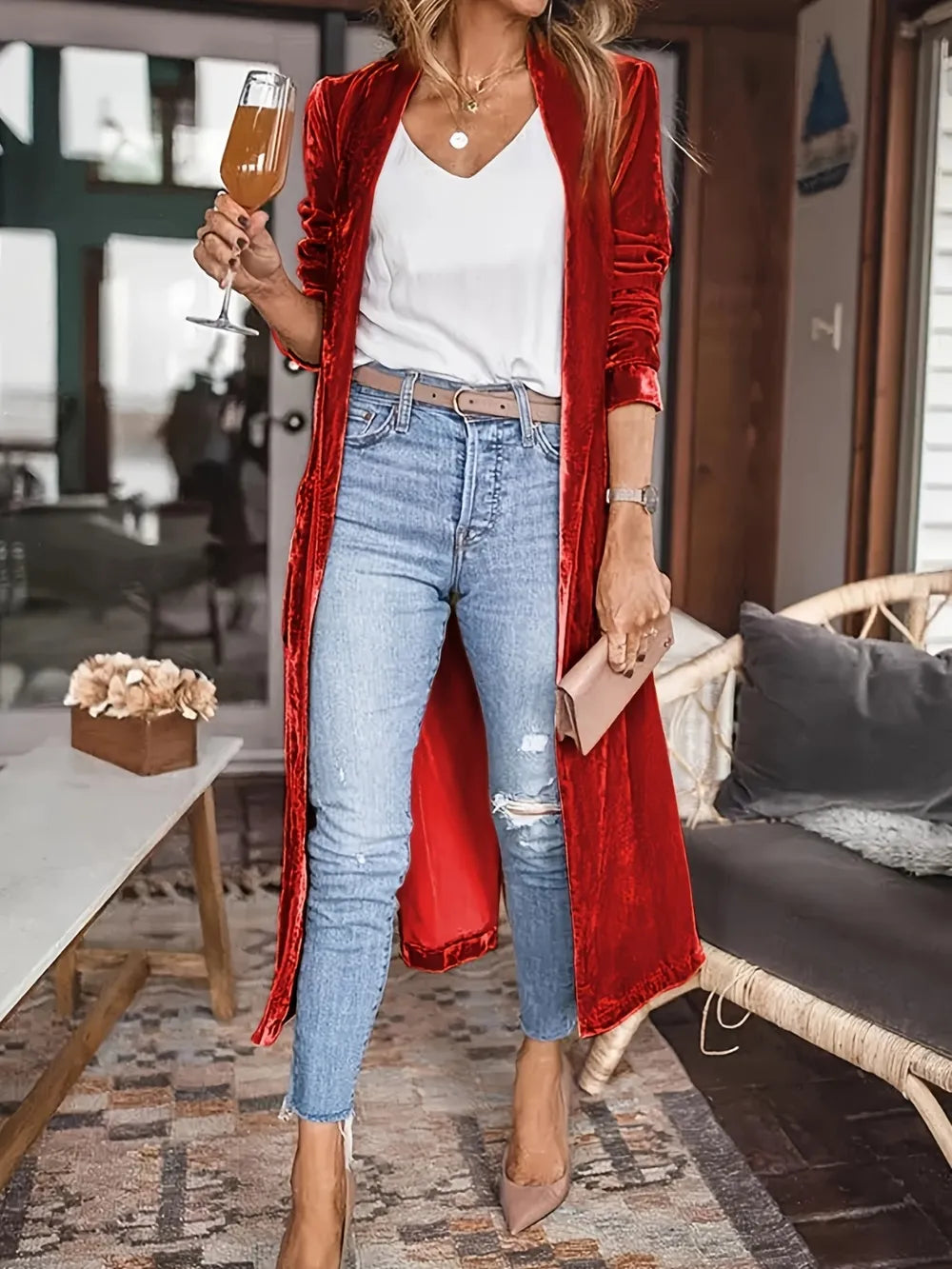 Open Front Long Sleeve Coat in Burgundy