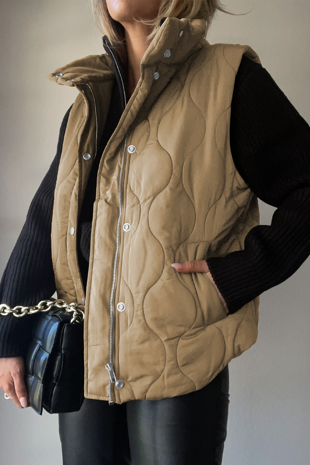 Collared Neck Vest with Pockets in Beige