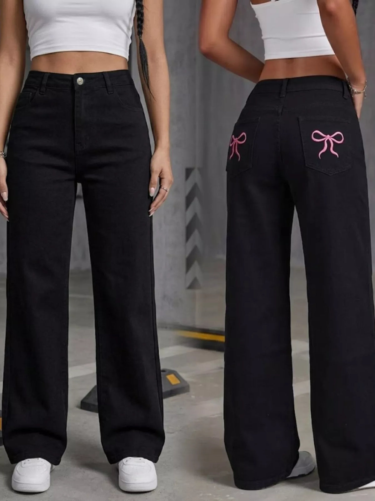 High-Waisted Wide-Leg Jeans in Black, view 5