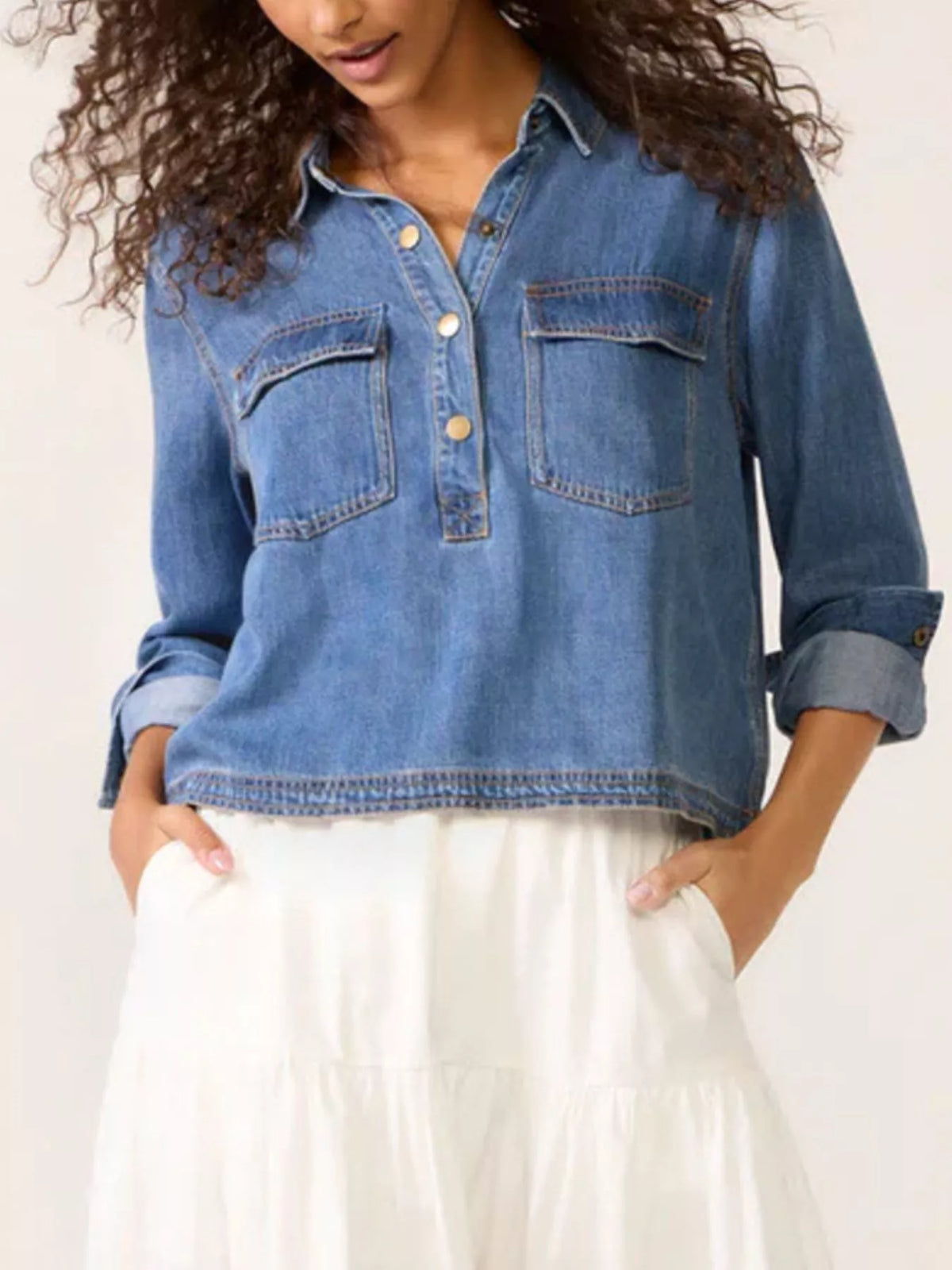 Half Snap Cropped Denim Top - Lilixa.store