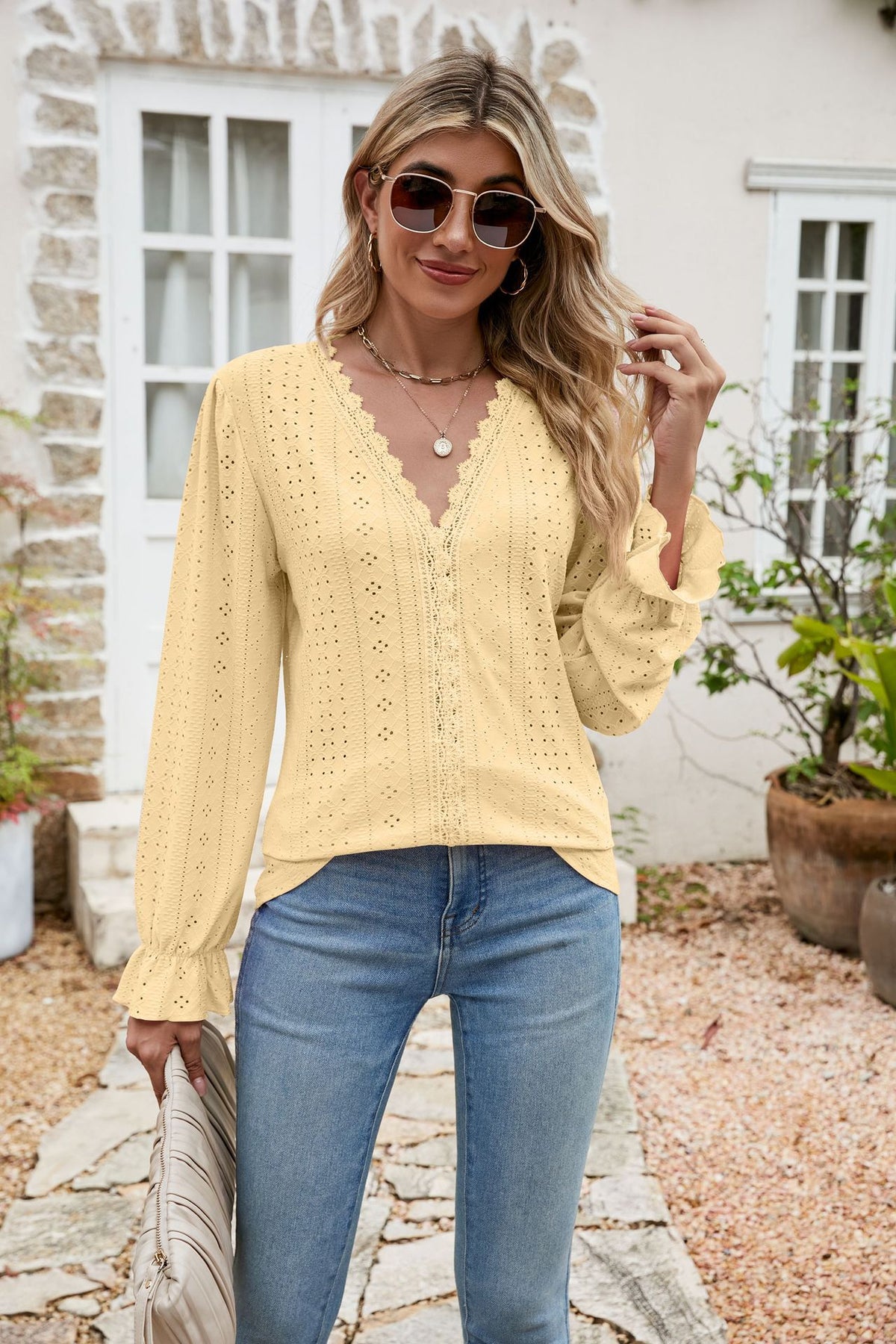 Eyelet Lace Trim Flounce Sleeve Blouse, view 3