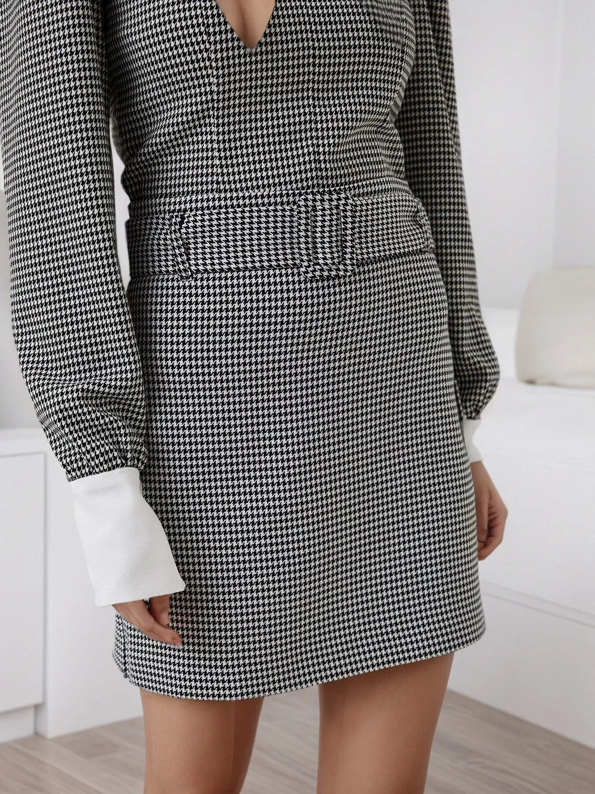 Contrast Collar Houndstooth Mini Dress
