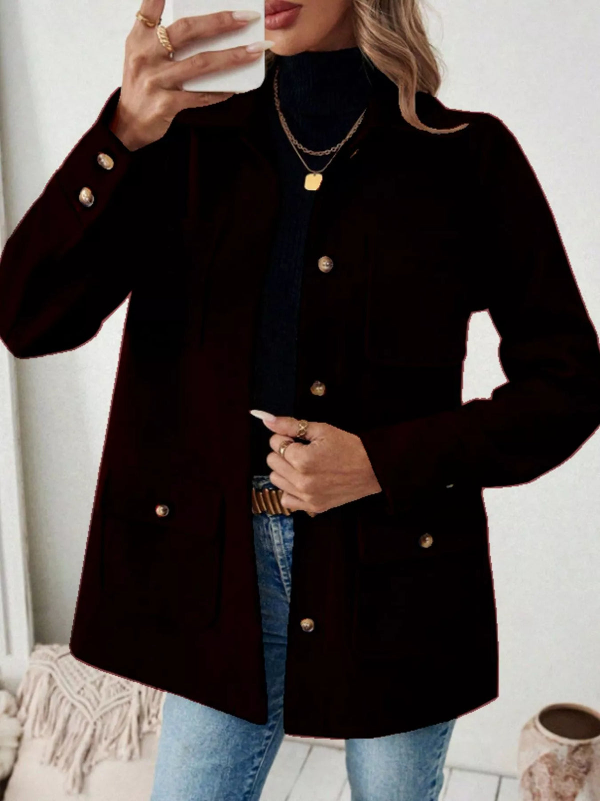 Button-Front Pocketed Long Sleeve Outerwear, view 6