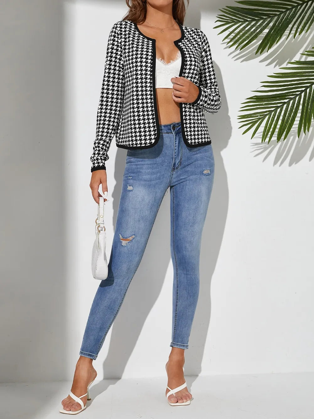 Houndstooth Open Front Long Sleeve Jacket in Black, view 5