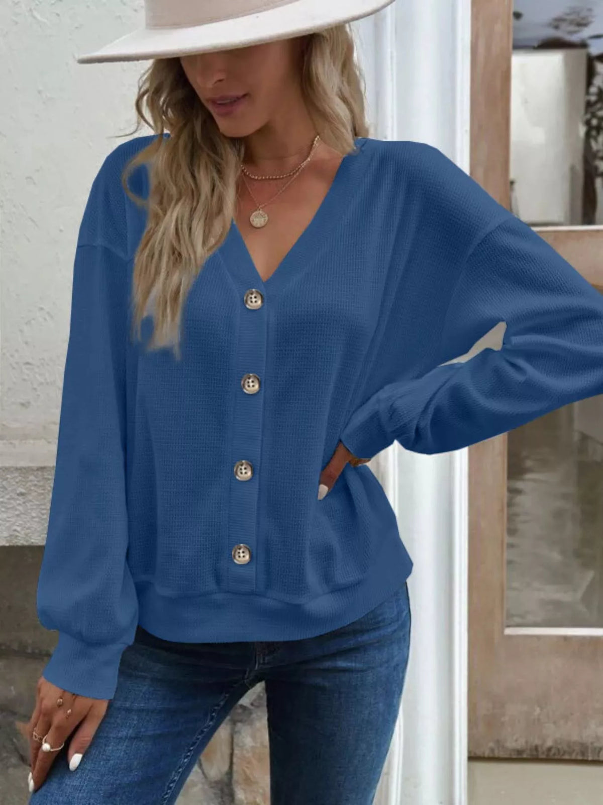 Casual V-Neck Waffle Long Sleeve Top in Blue