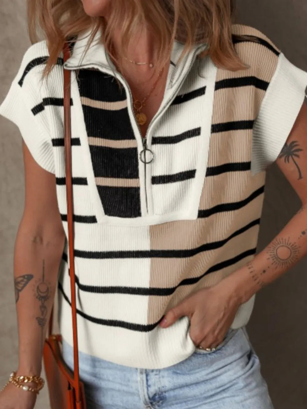 Striped Half Zip Sweater Vest in White