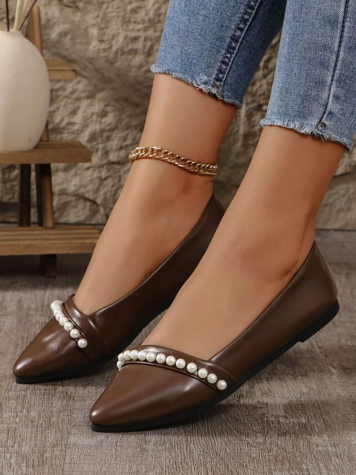 Pearl Embellished Pointed Toe Loafers, view 2