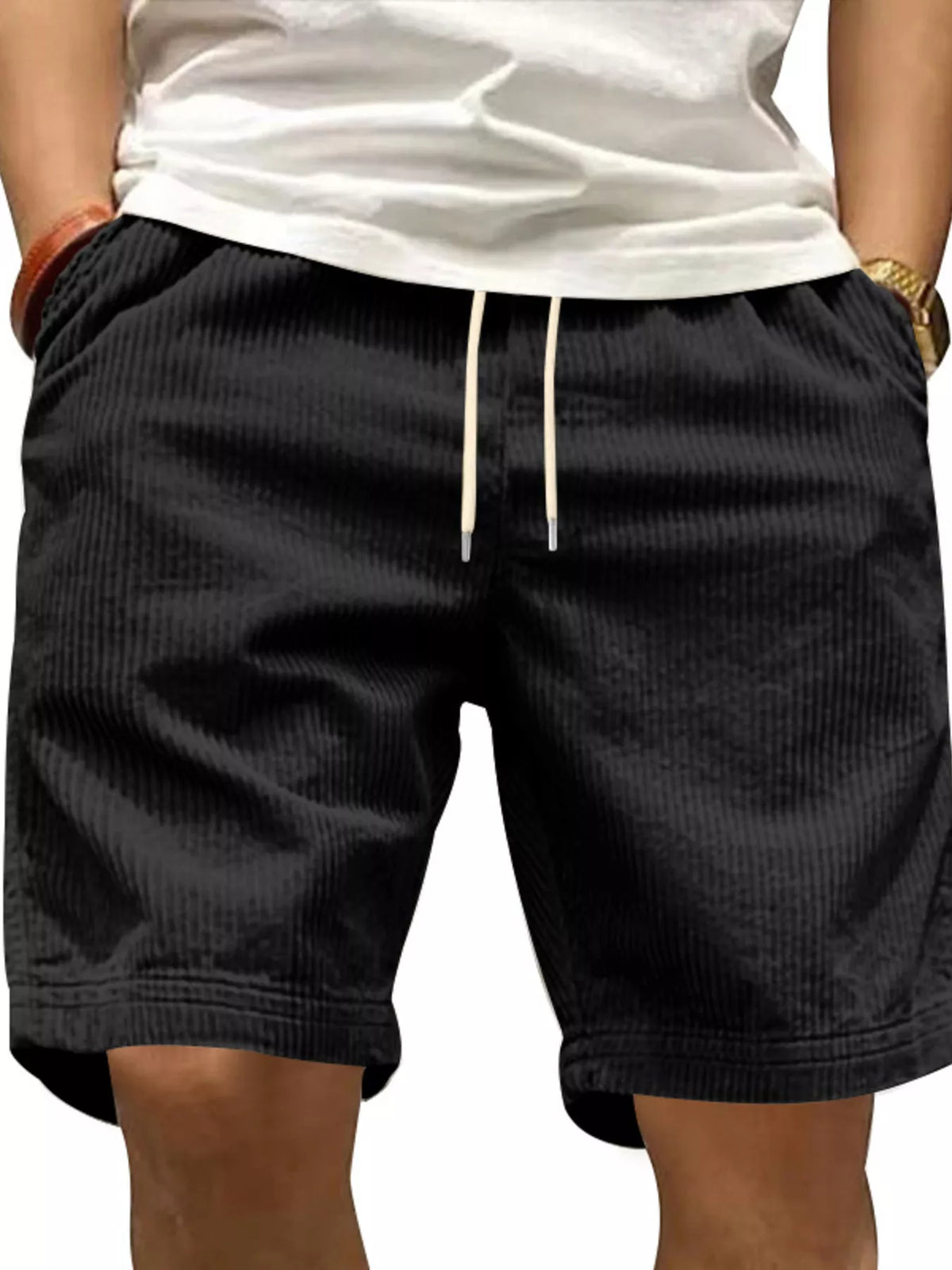 Men's Full Size Casual Corduroy Drawstring Shorts Plus Size in Black