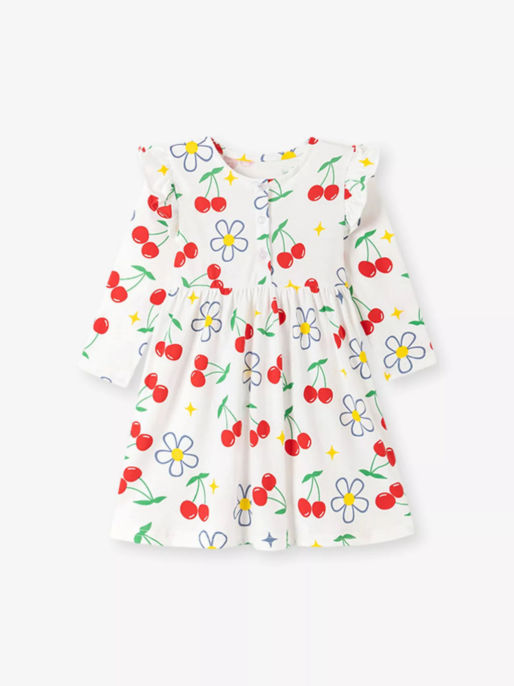 Children's Long-Sleeve Cherry and Flower Print A-Line Dress - Lilixa.store