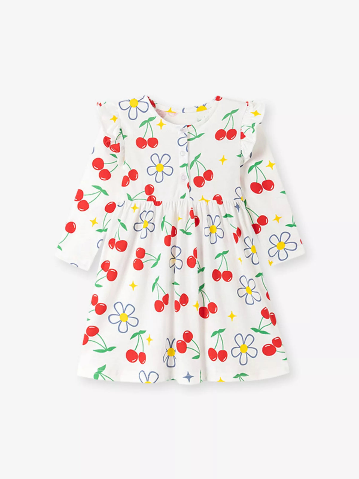 Children's Long-Sleeve Cherry and Flower Print A-Line Dress - Lilixa.store
