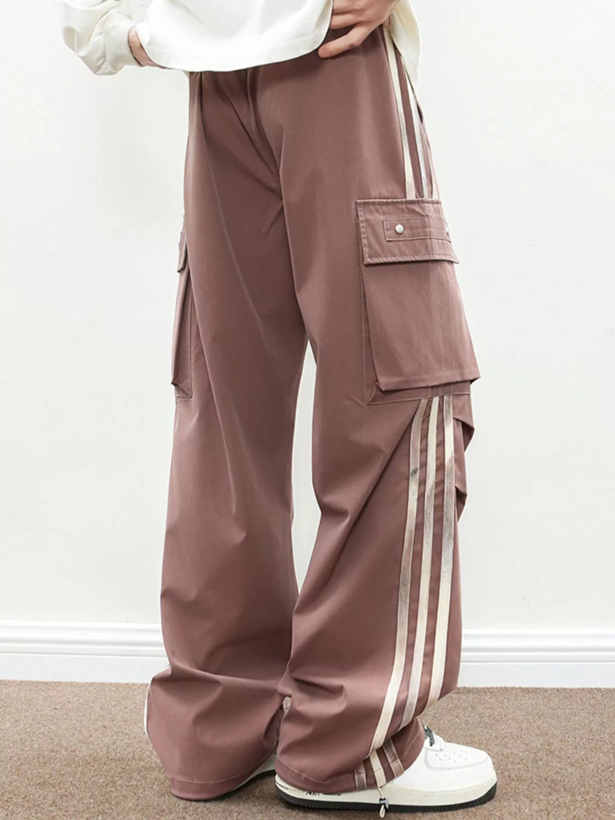 Men's Plus Size Casual Loose Cargo Pants with Side Stripes, view 2