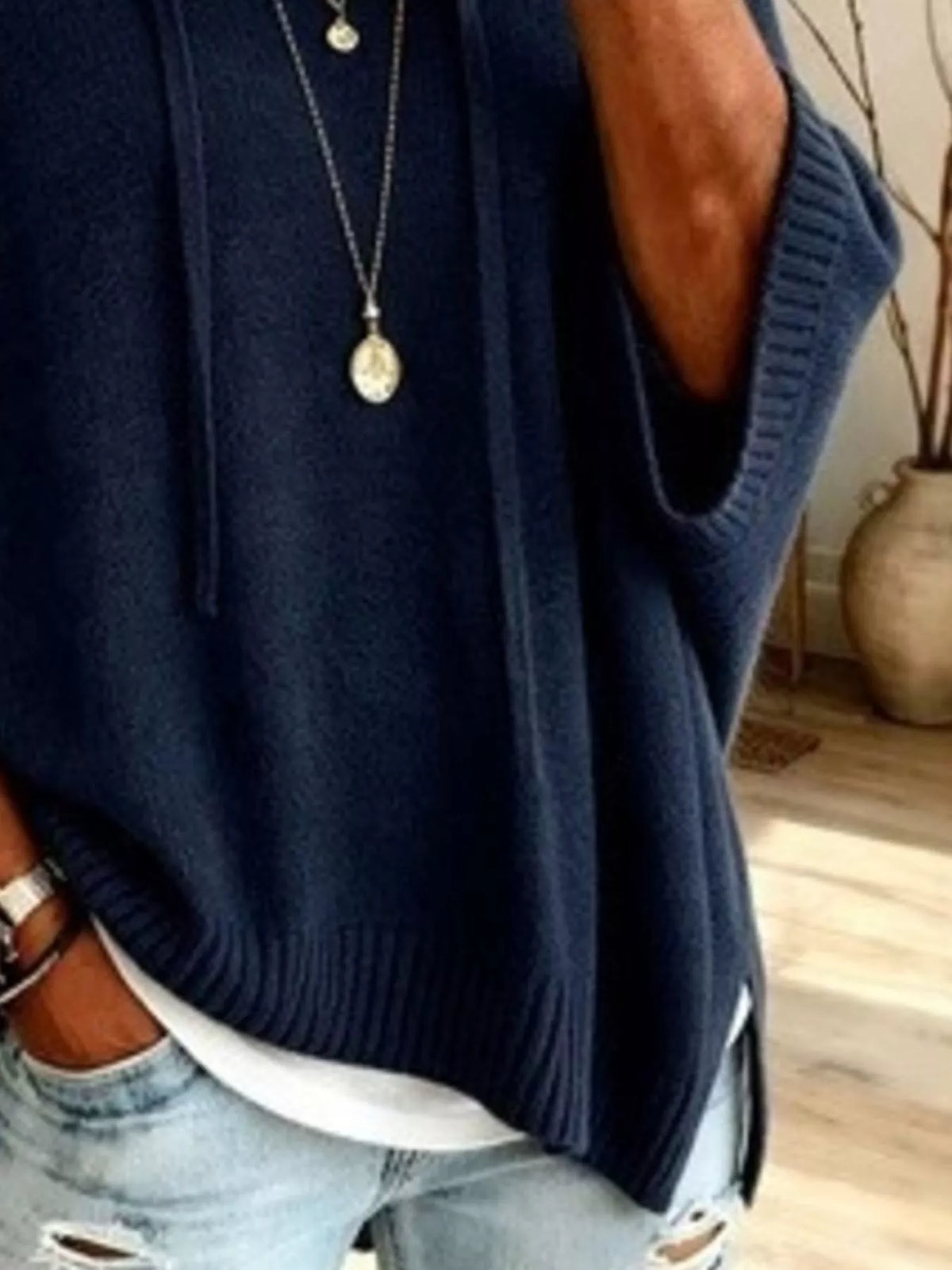 Casual Loose Fit Hooded Knit Sweater with Ribbed Hem, view 5