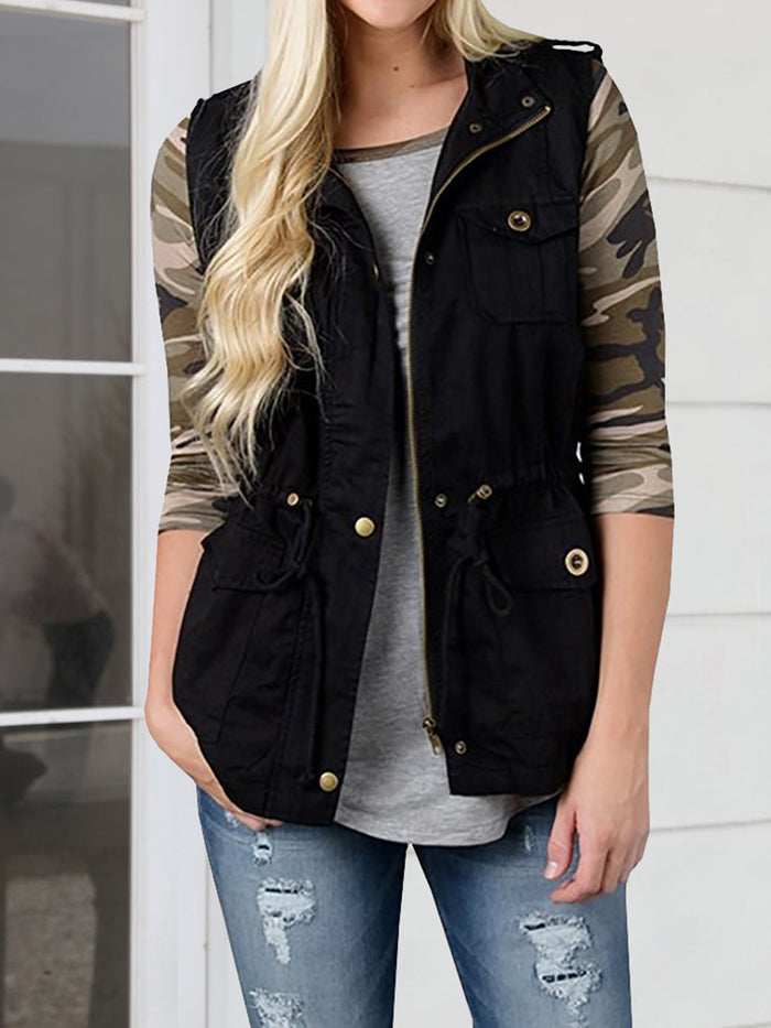 Drawstring Waist Vest with Pockets in Black