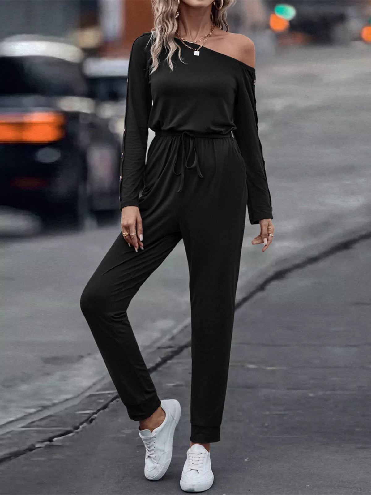 One Shoulder Long Sleeve Jumpsuit - Lilixa.store
