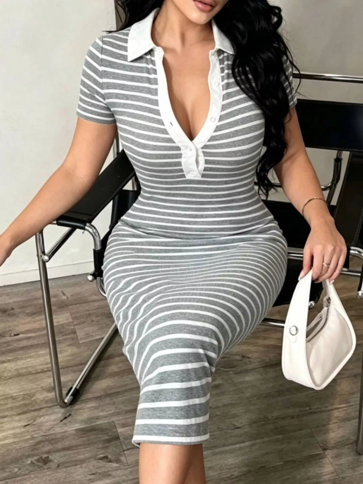 Striped Short Sleeve Bodycon Midi Dress