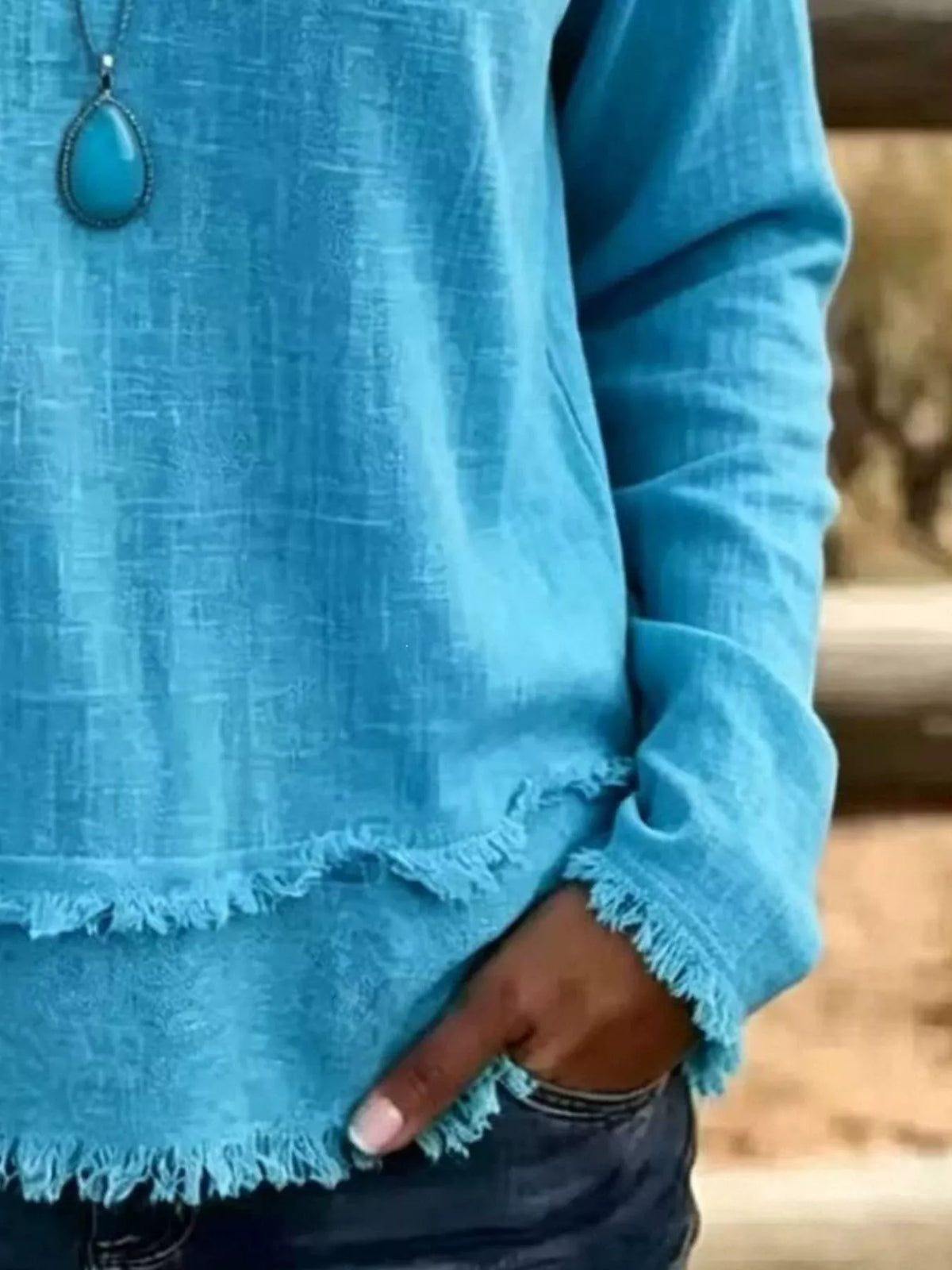 V-Neck Long Sleeve Blouse with Frayed Hem Detail - Lilixa.store
