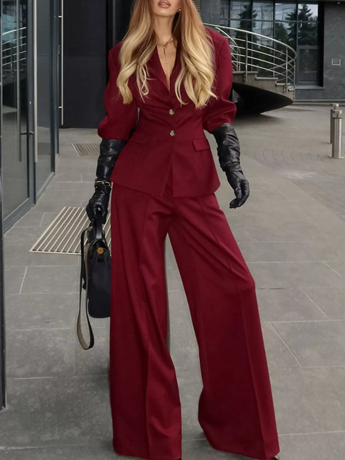 Lapel Collar Blazer and Wide-Leg Pants Set in Wine Red