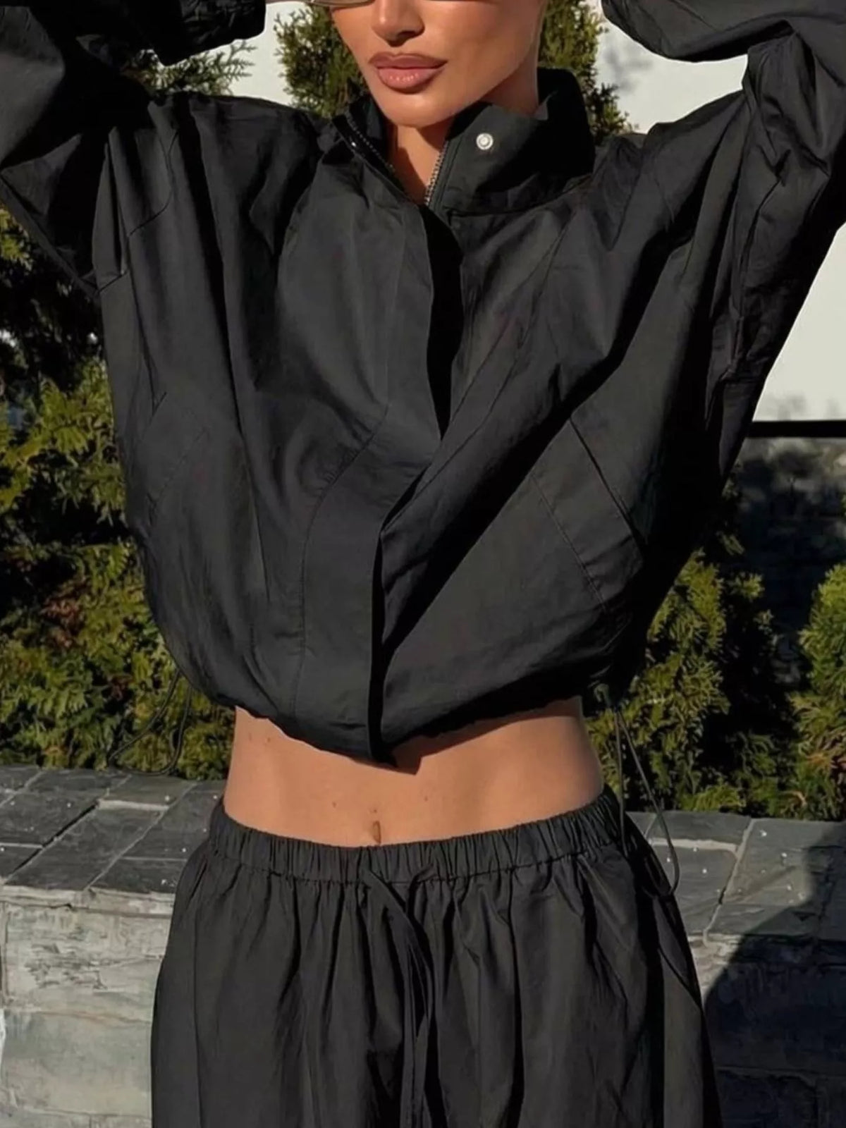 Drawstring Hem Crop Jacket and Wide-Leg Pant Set, view 2