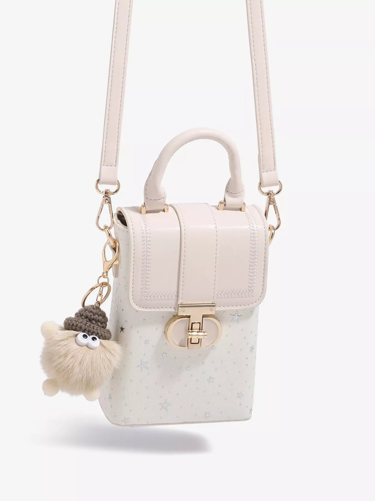 Star-Patterned Mini Crossbody Bag with Plush Charm in White, view 5