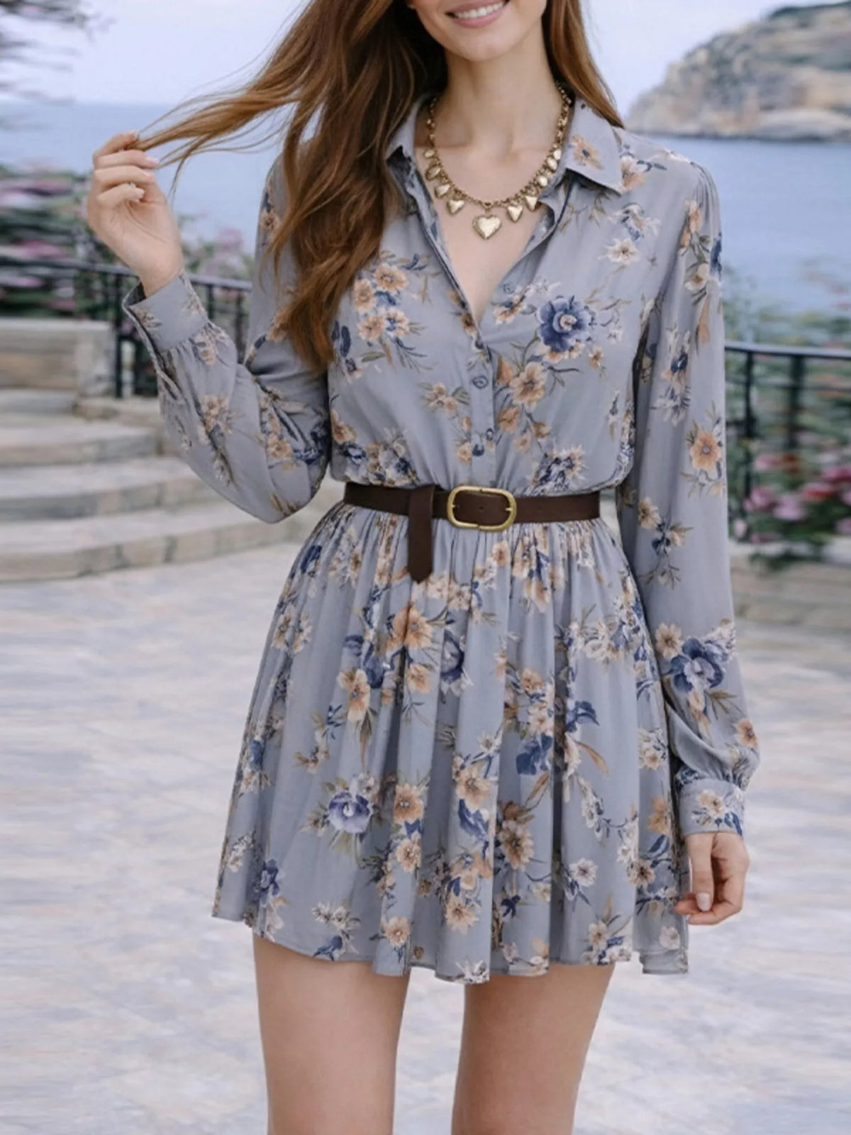 Full Size Floral Print Long Sleeve Shirt Dress Plus Size in Gray