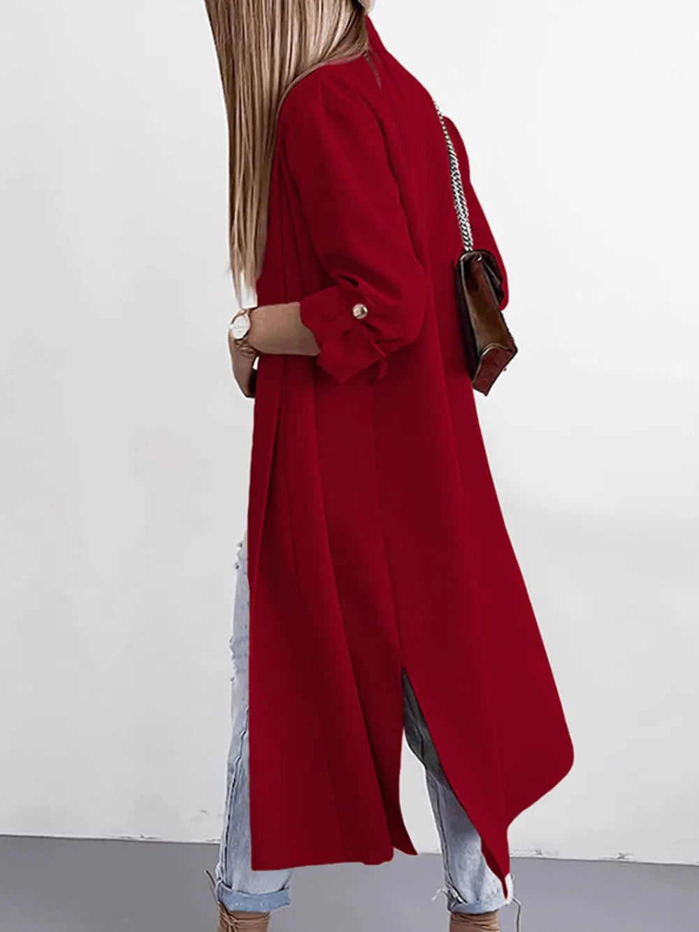 Slit Open Front Roll-Tab Sleeve Trench Coat - Lilixa.store