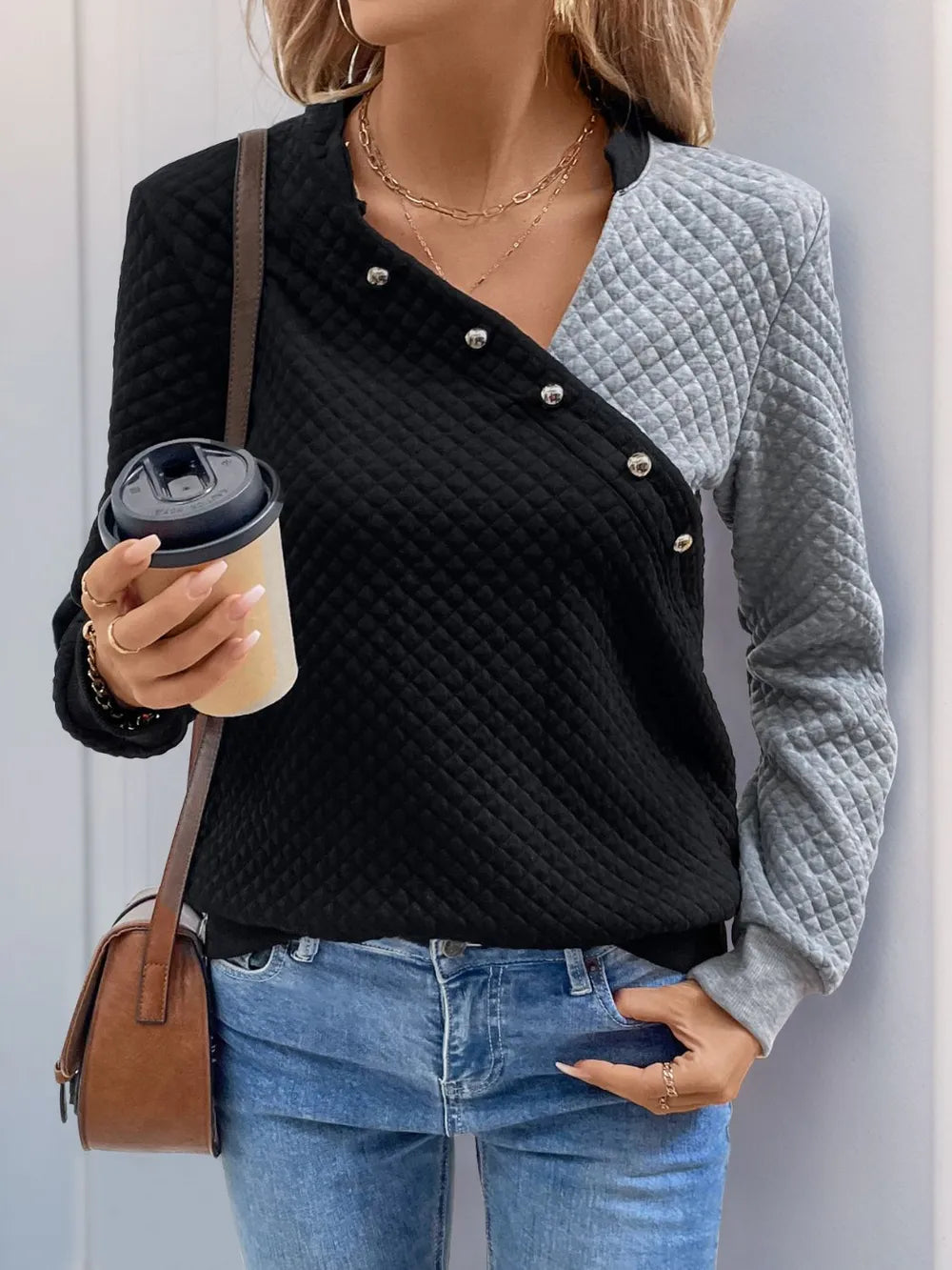 Perfee Decorative Button Contrast Long Sleeve Sweatshirt - Lilixa.store