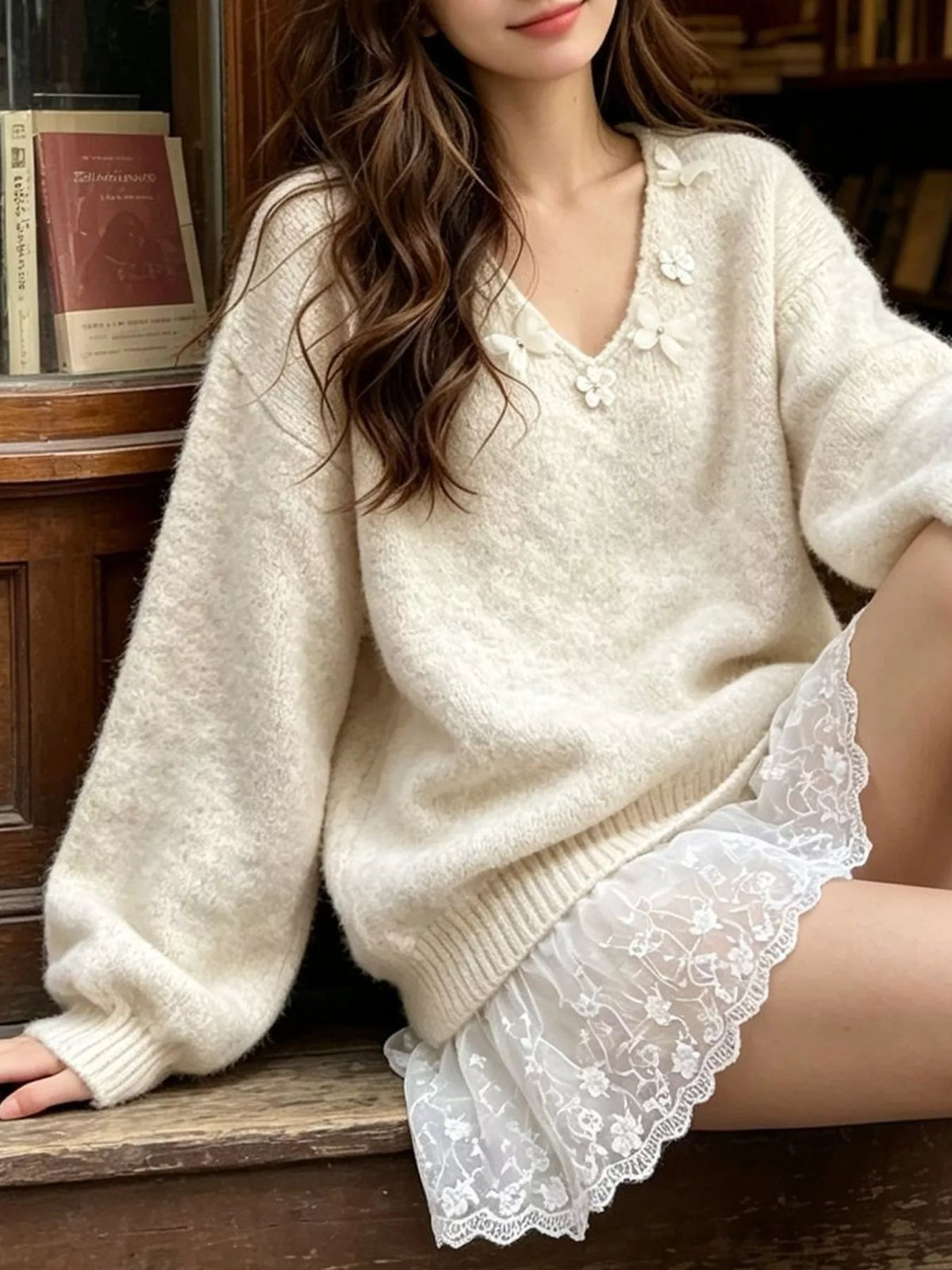 V-Neck Floral Applique Lace Hem Sweater, view 9