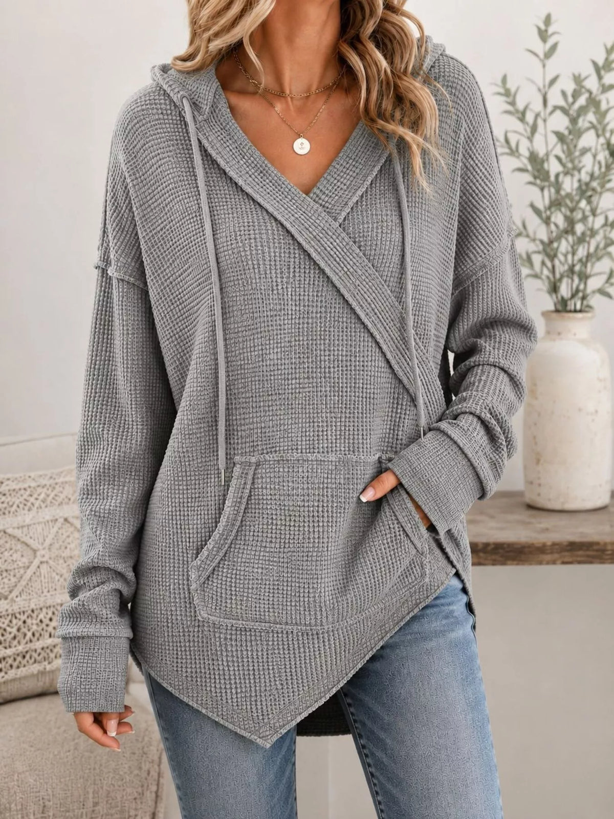 Drawstring Waffle Knit Hoodie - Lilixa.store