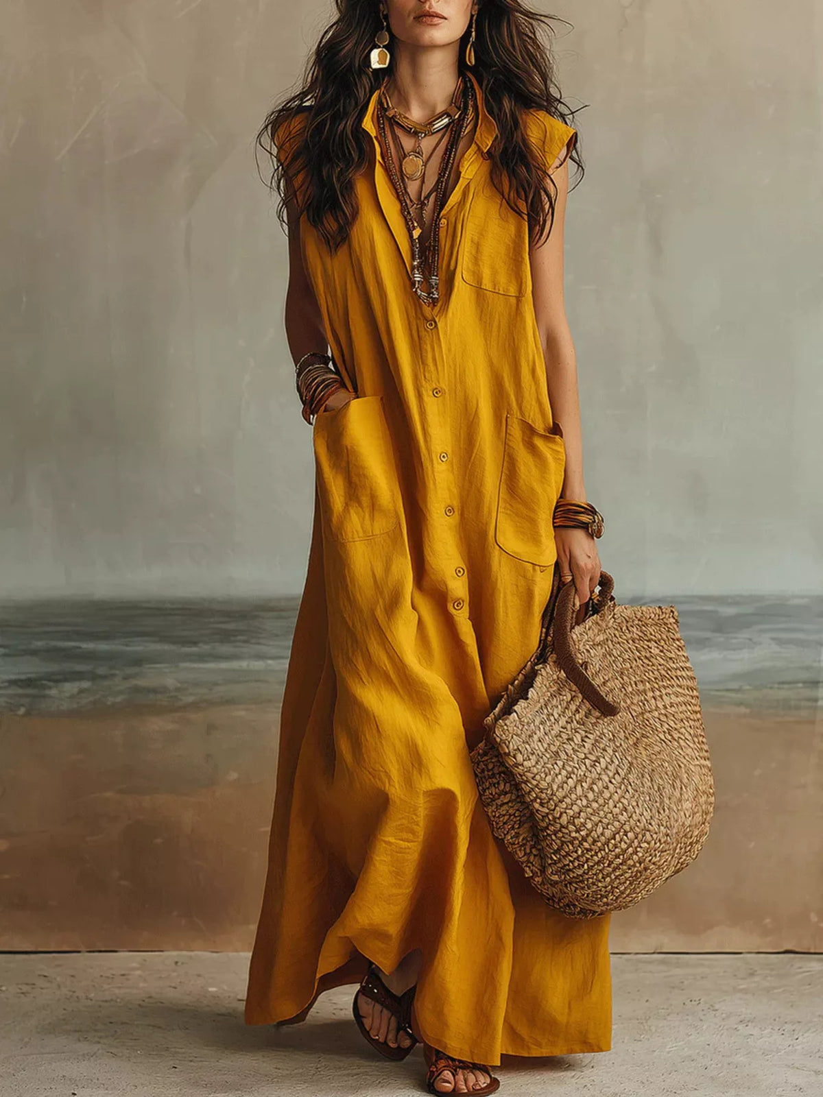 Sleeveless Button-Down Linen Maxi Dress - Lilixa.store