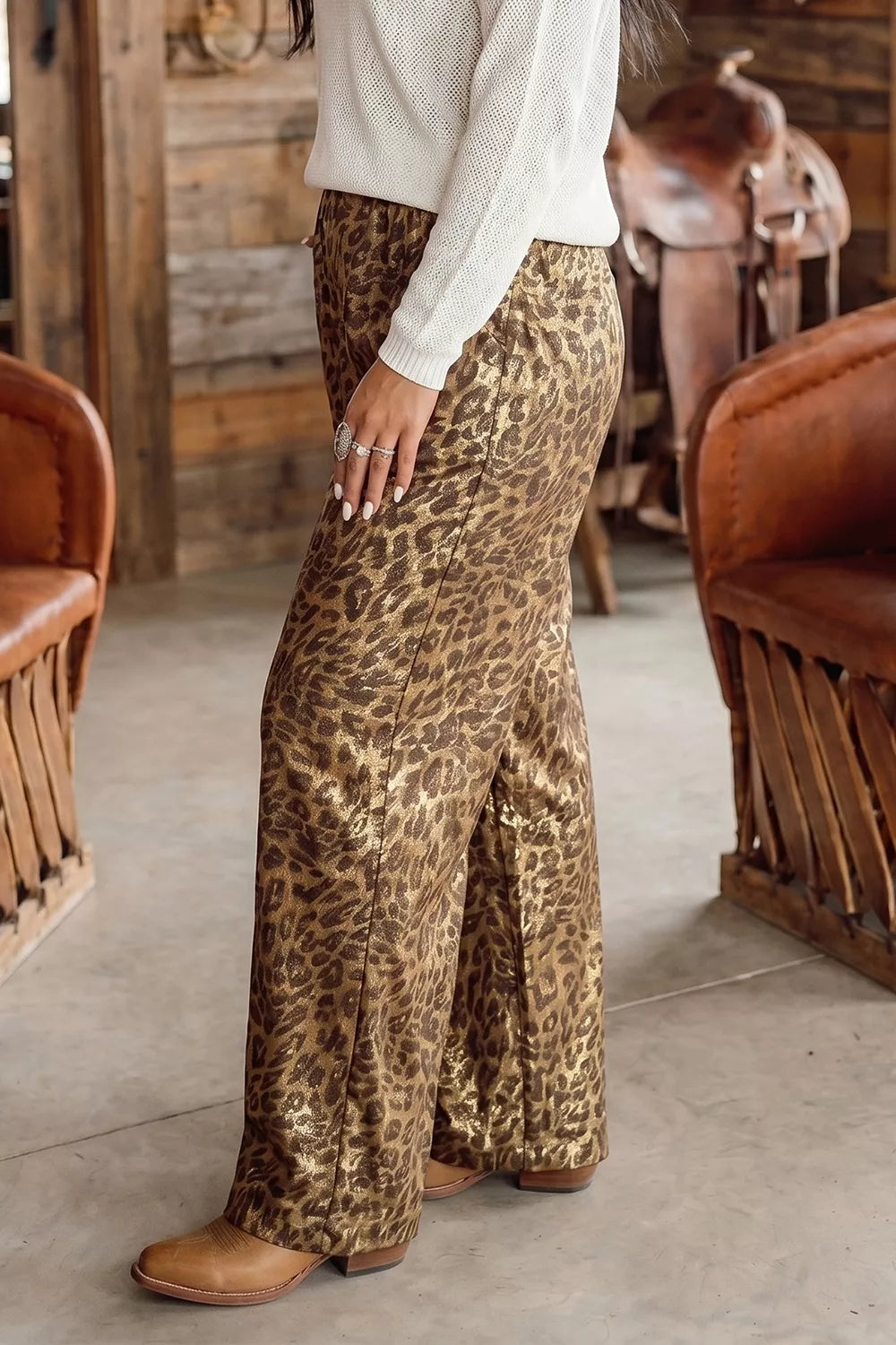 Multicolour Leopard Print Western Style Wide Leg Full Length Pants - Lilixa.store