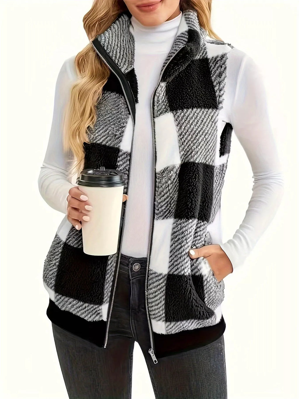 Plus Size Cozy Plaid Fleece Vest Coat - Lilixa.store