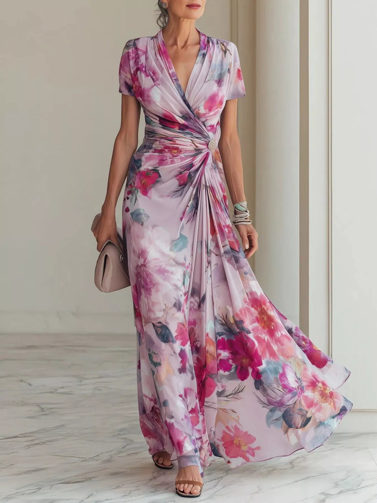 Floral Print Ruched Short Sleeve Maxi Dress - Lilixa.store